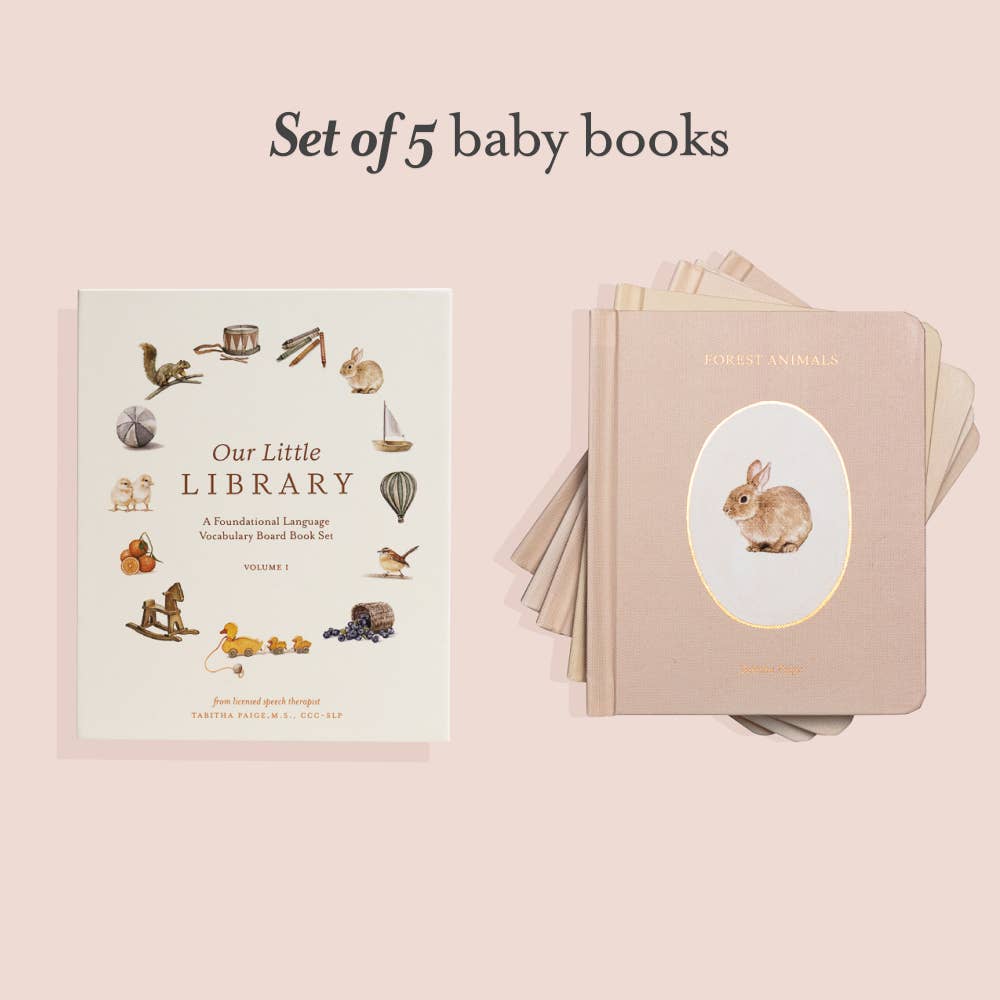 Set of 5 baby books with illustrations on a light pink background