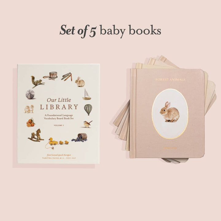 Set of 5 baby books with illustrations on a light pink background