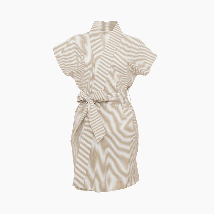 Beige striped dress with a tie waist on a white background