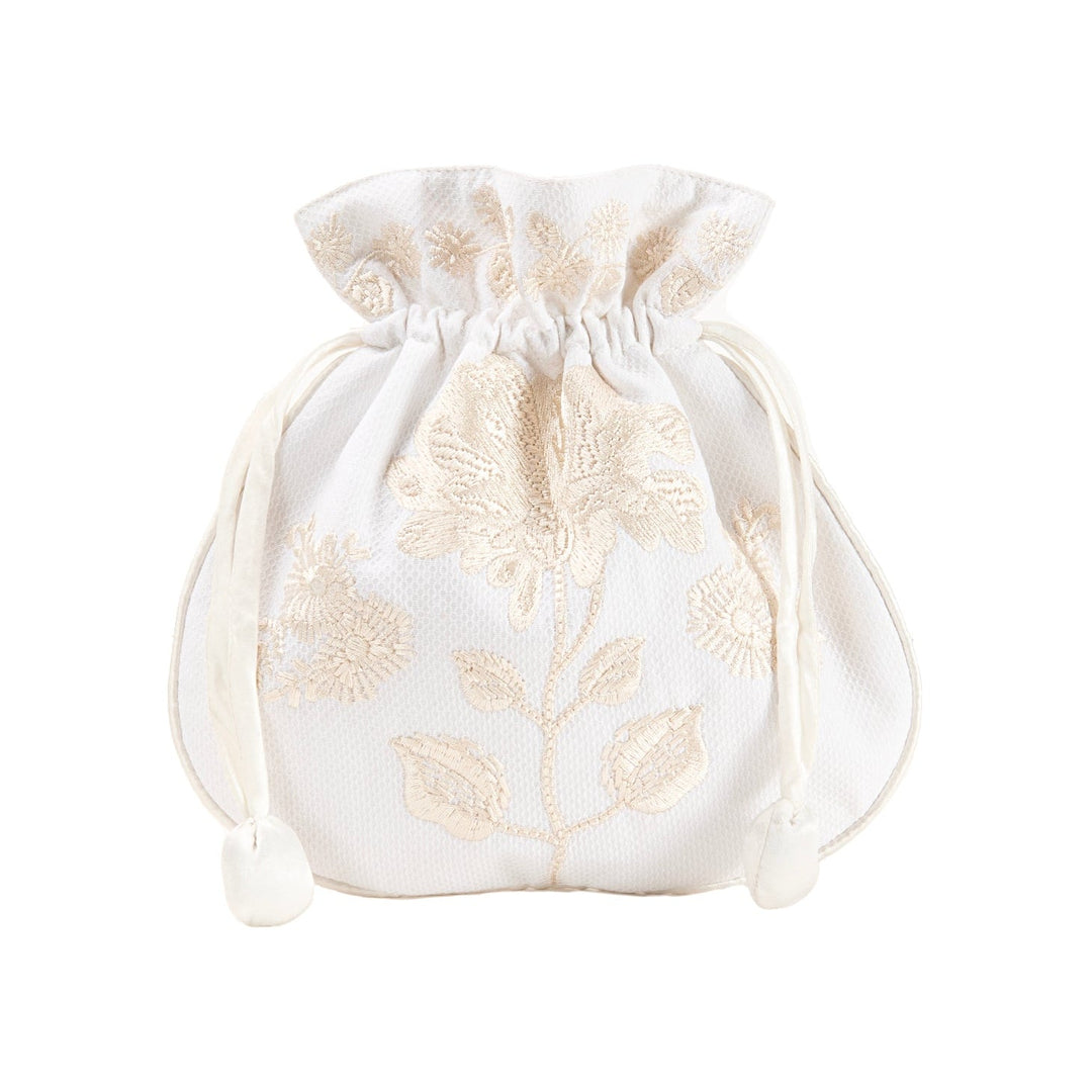 White drawstring bag with floral patterns on a white background