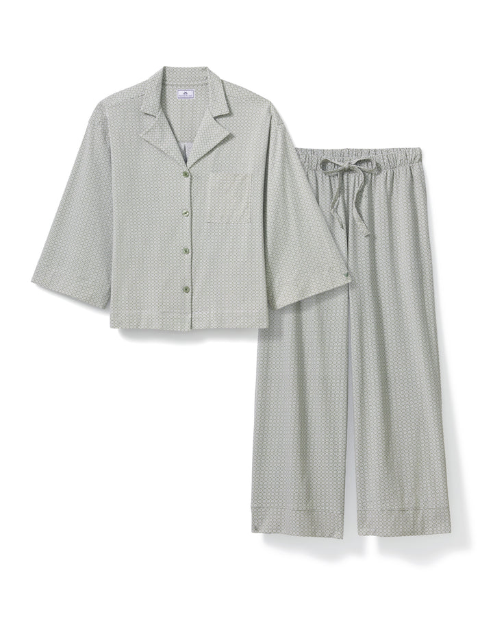 Petite Plume The Olivia Wide Leg Lightweight Pima Pajama Set in Sage Geo