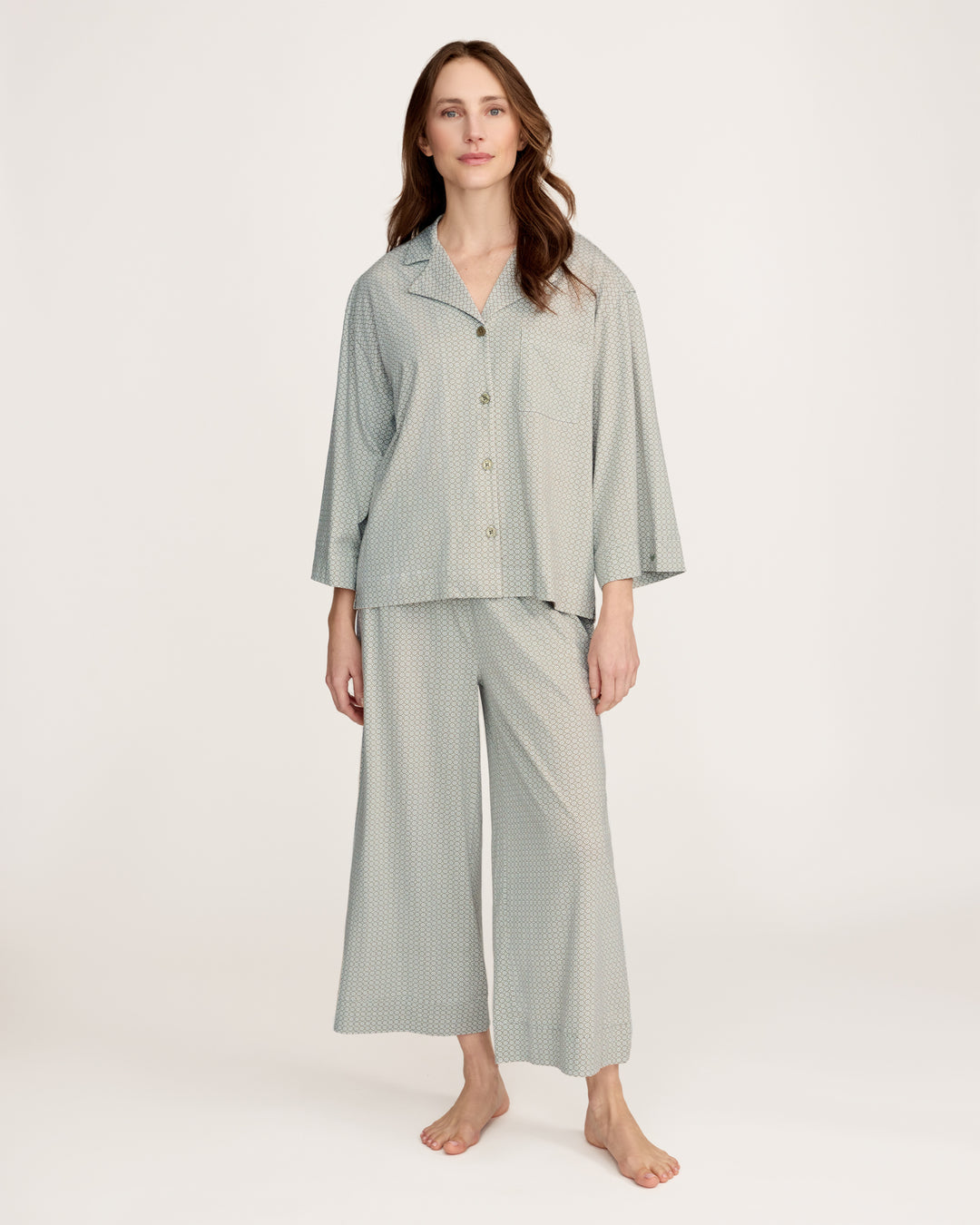 Petite Plume The Olivia Wide Leg Lightweight Pima Pajama Set in Sage Geo