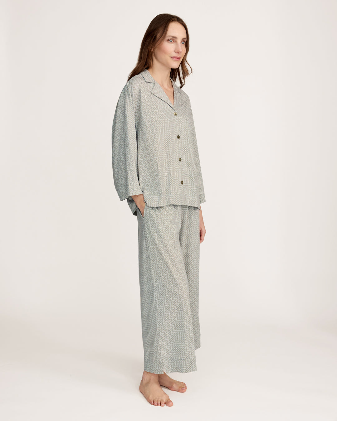 Petite Plume The Olivia Wide Leg Lightweight Pima Pajama Set in Sage Geo