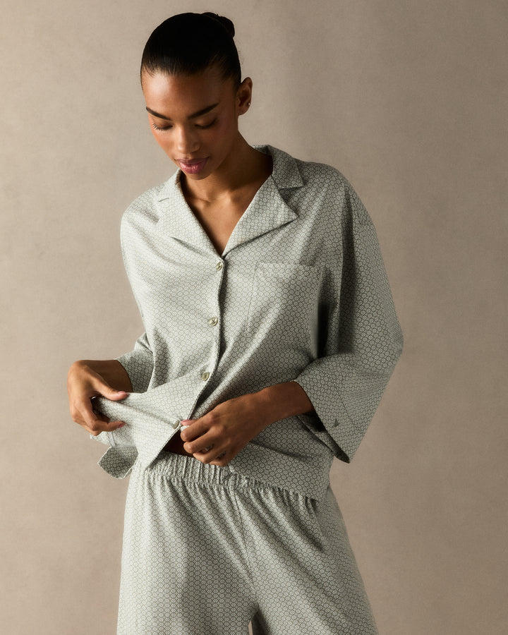 Petite Plume The Olivia Wide Leg Lightweight Pima Pajama Set in Sage Geo