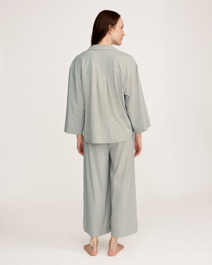 Petite Plume The Olivia Wide Leg Lightweight Pima Pajama Set in Sage Geo