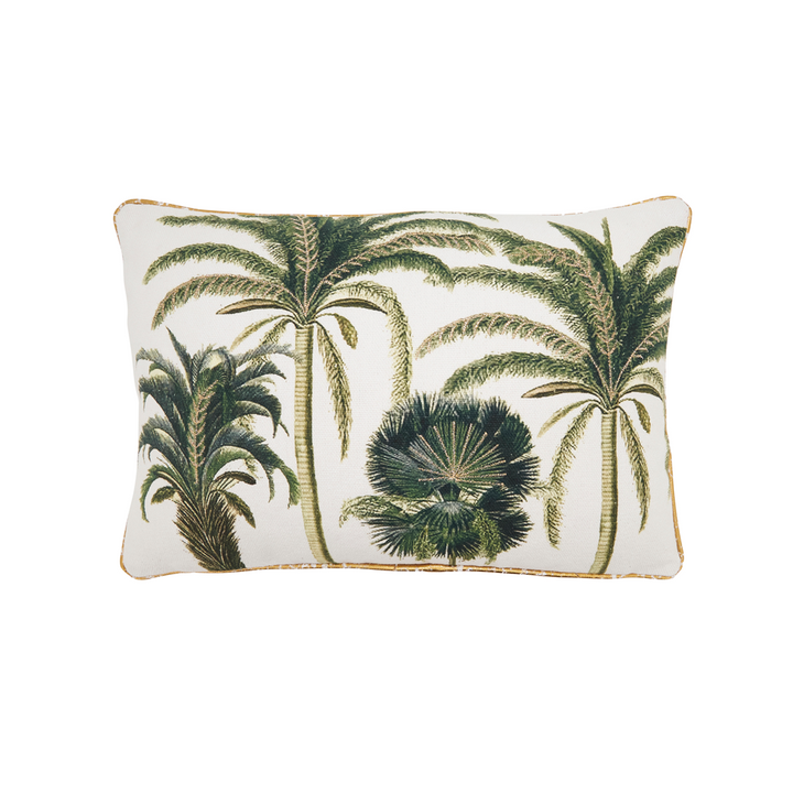 Decorative pillow with palm tree design on a white background