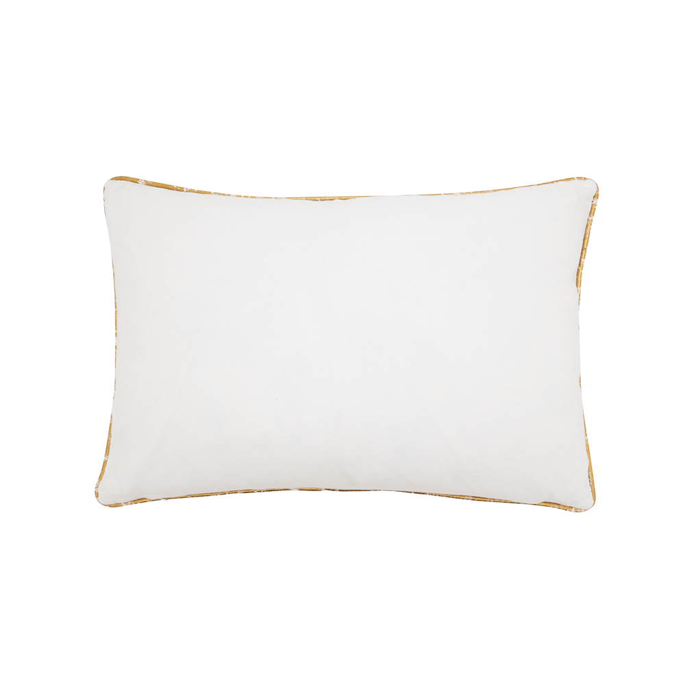 A rectangular white lumbar pillow with a distressed gold border trim, shown against a solid white background.