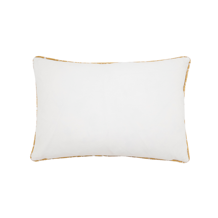 A rectangular white lumbar pillow with a distressed gold border trim, shown against a solid white background.