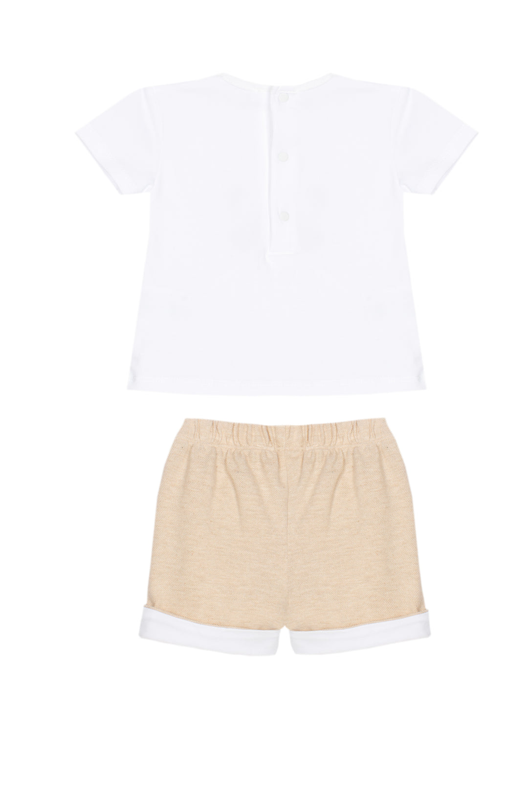 White t-shirt and beige shorts on a white background