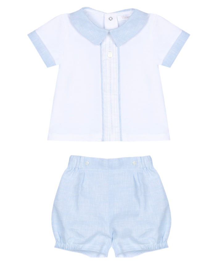 Children's light blue outfit with shirt and shorts on a white background