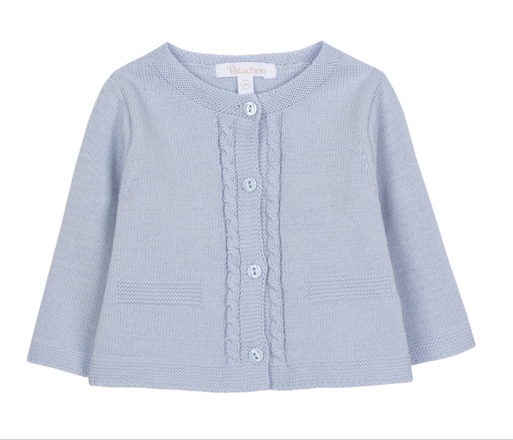 Light blue baby cardigan on a white background