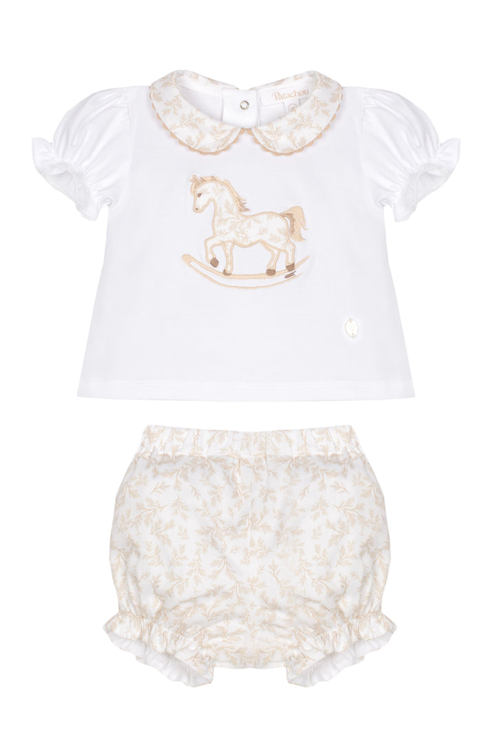 White top with embroidered rocking horse design and matching bloomers on a white background