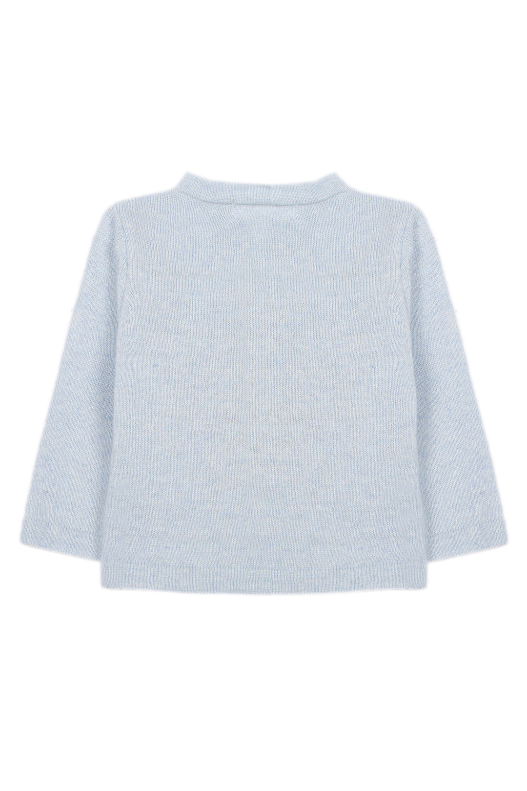 A light gray knit long-sleeve top with a crew neck, shown from the back against a plain white background.
