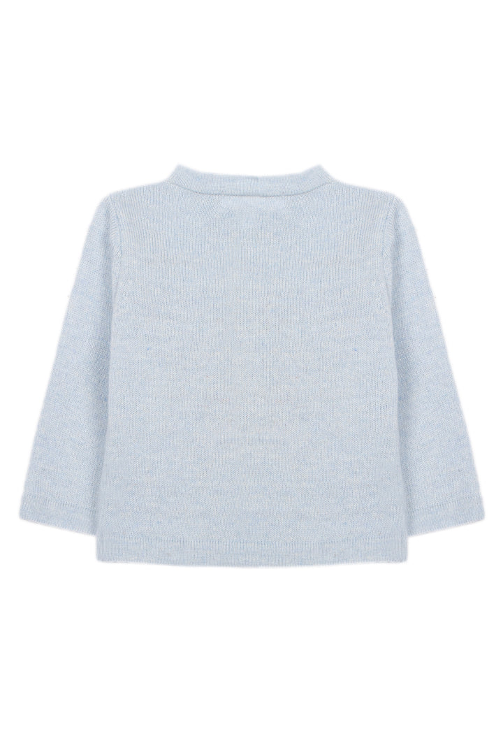 A light gray knit long-sleeve top with a crew neck, shown from the back against a plain white background.