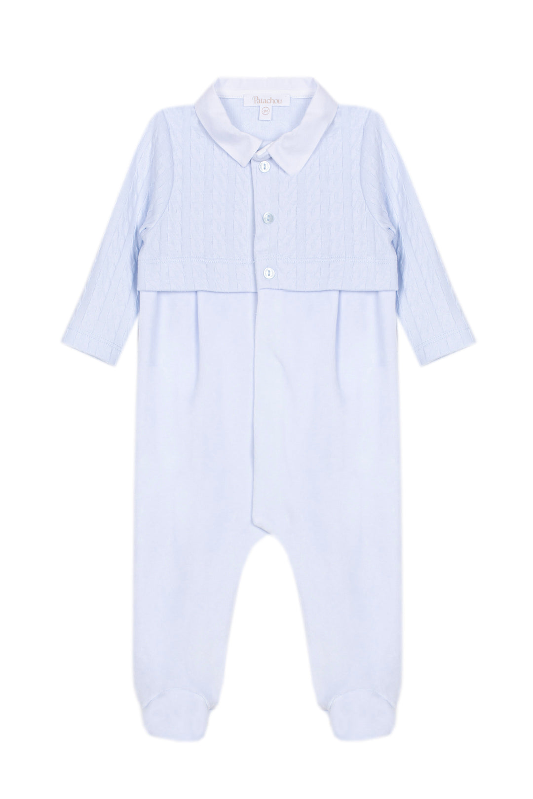 A light blue and white vertically striped baby jumpsuit with a button-down collar and three front buttons, shown flat on a white background.