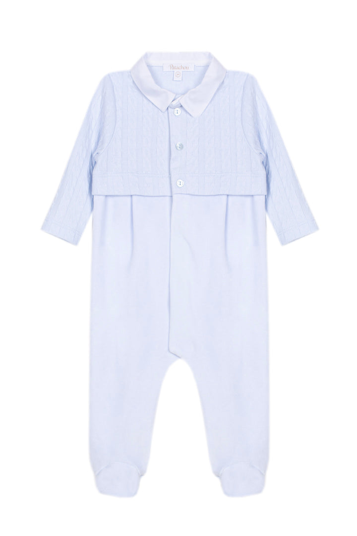 A light blue and white vertically striped baby jumpsuit with a button-down collar and three front buttons, shown flat on a white background.