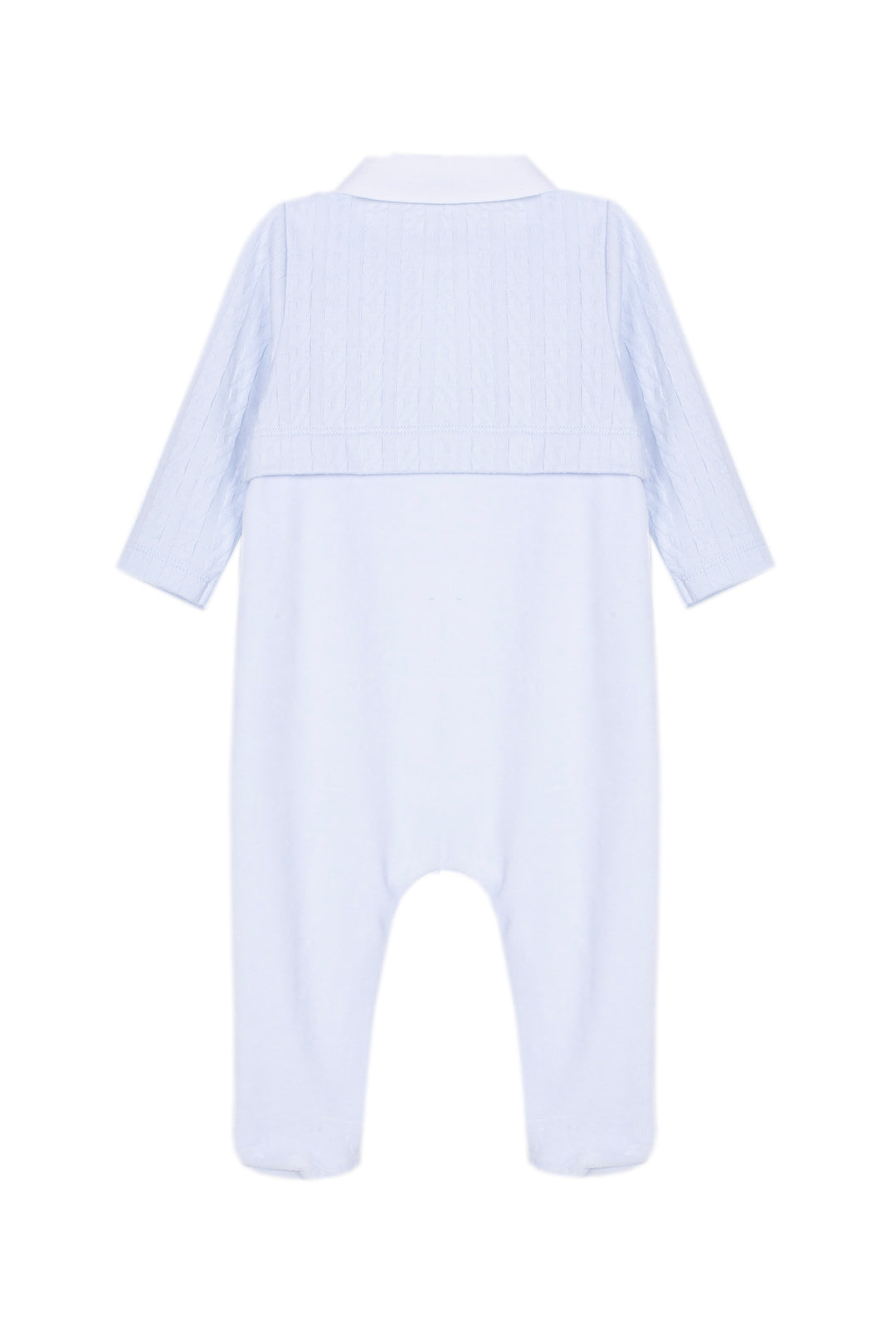 A light blue long-sleeve baby jumpsuit with a textured, vertically pleated chest panel, shown from the back on a plain white background.