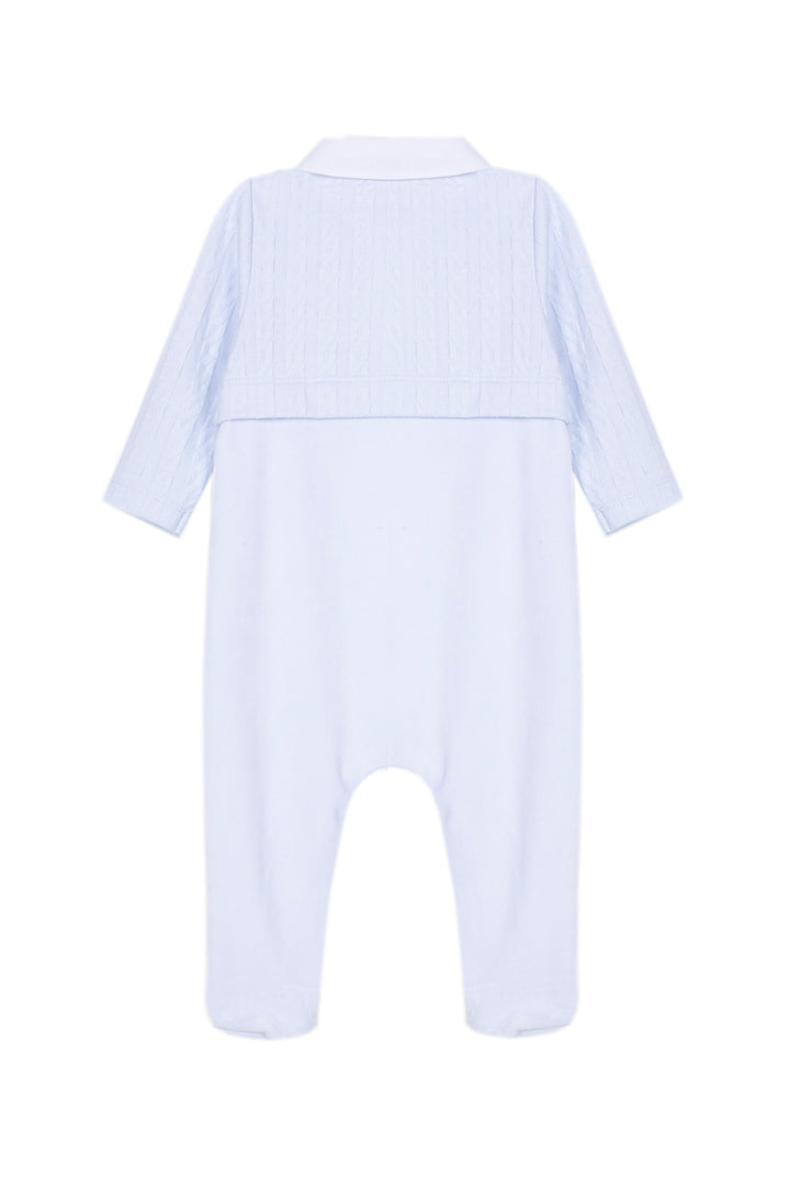 A light blue long-sleeve baby jumpsuit with a textured, vertically pleated chest panel, shown from the back on a plain white background.