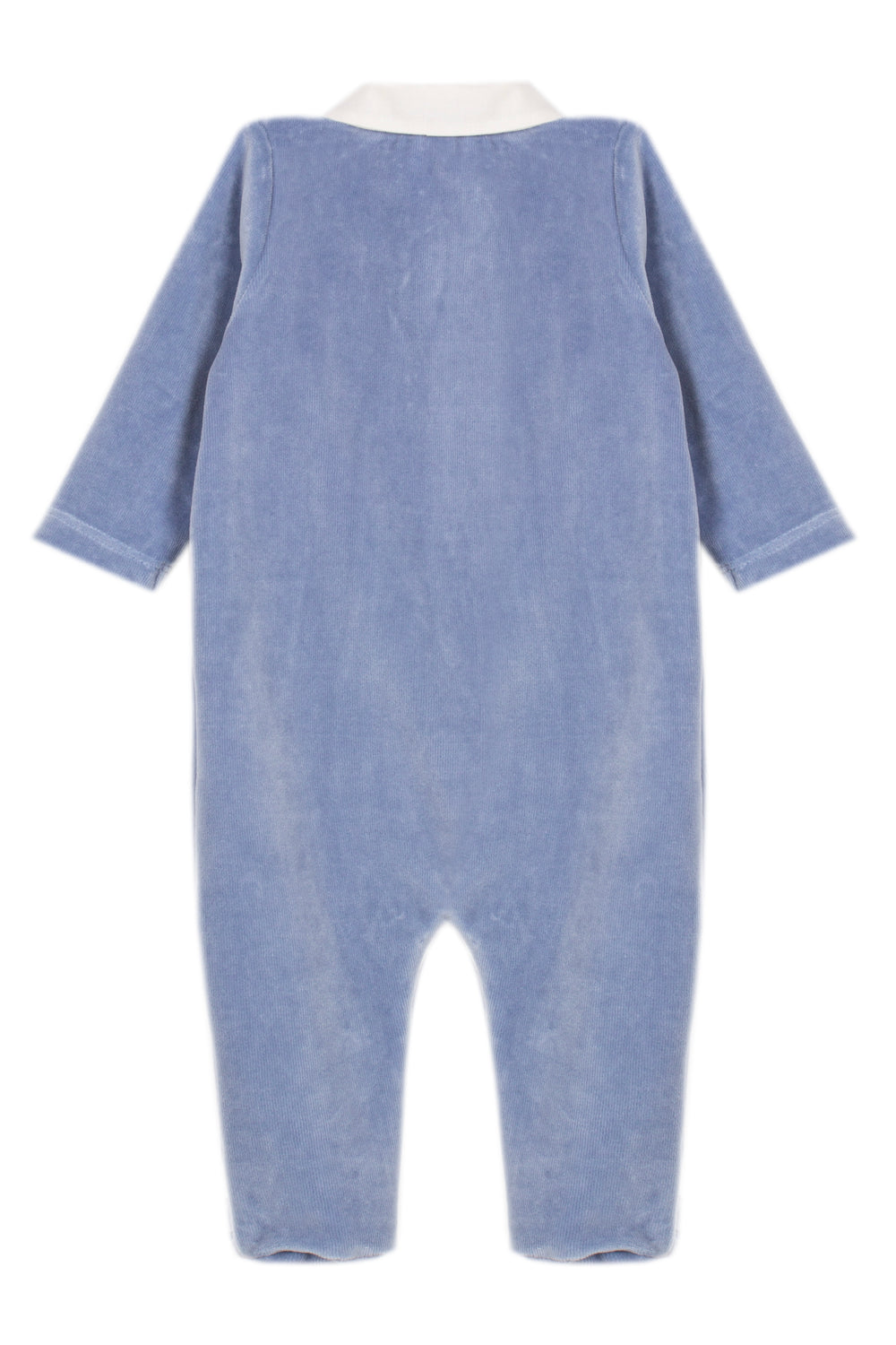 A baby's long-sleeve footless one-piece jumpsuit in a dusty blue corduroy fabric, shown from the back with a contrasting cream collar, on a solid white background.