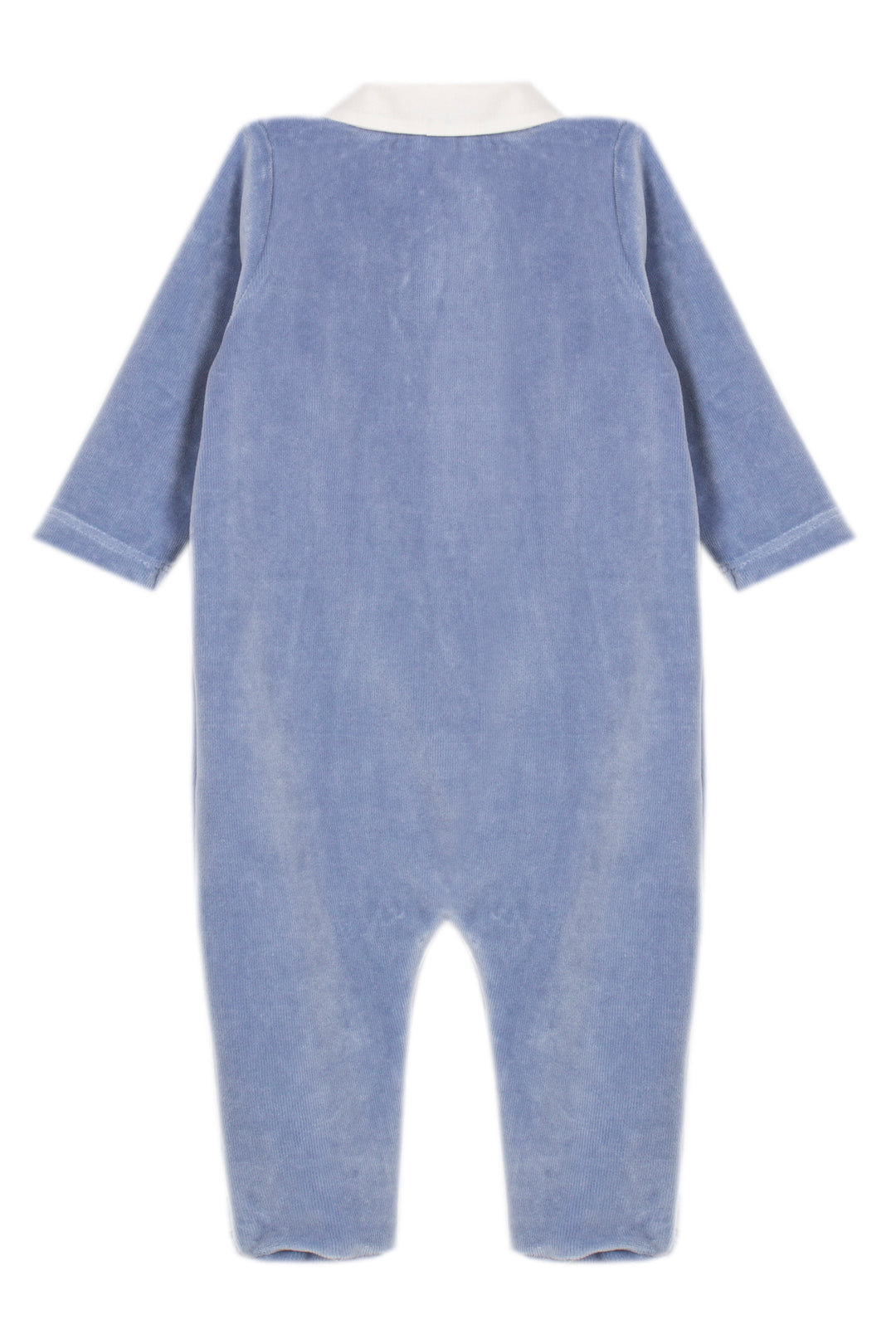 A baby's long-sleeve footless one-piece jumpsuit in a dusty blue corduroy fabric, shown from the back with a contrasting cream collar, on a solid white background.