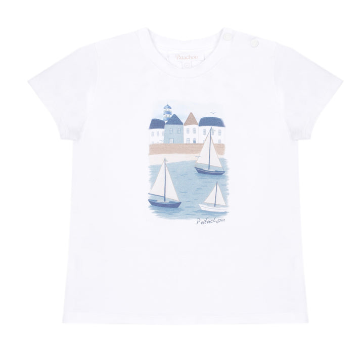 White t-shirt with a nautical design featuring sailboats and a lighthouse on a white background.