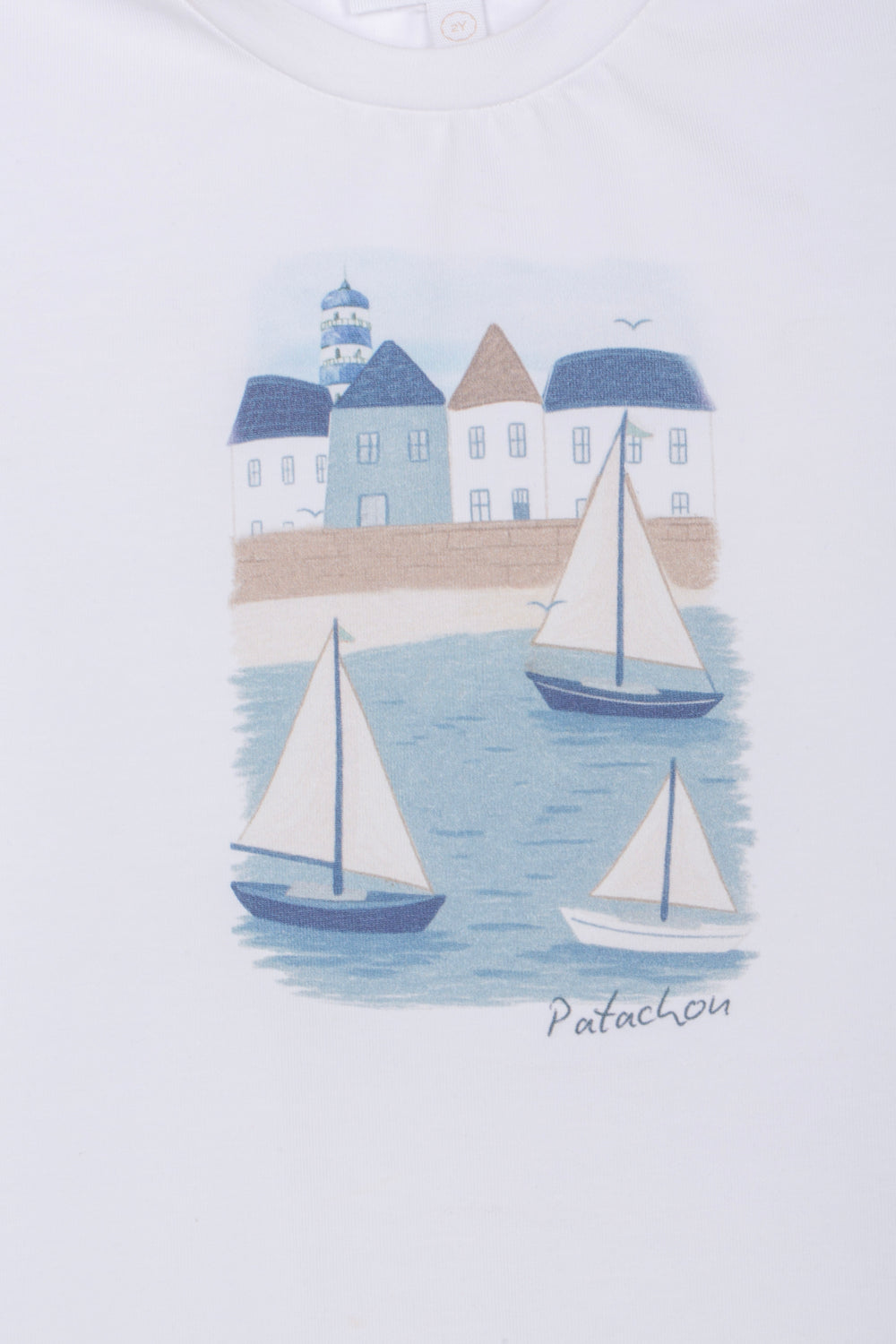 Illustration of sailboats and a lighthouse on a white background