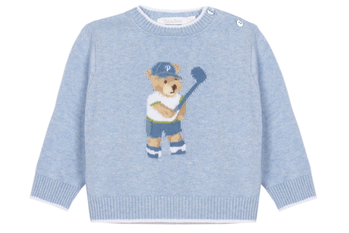Light blue sweater with a bear graphic holding a hockey stick on a white background