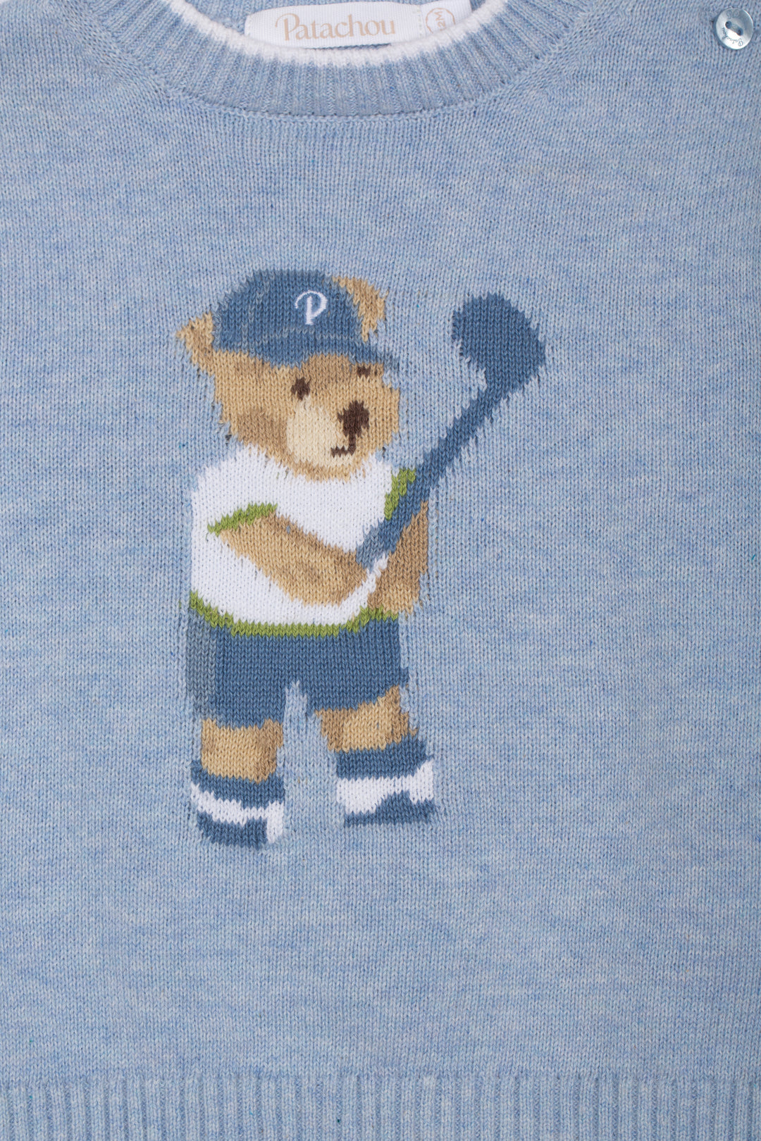 Light blue sweater with a bear wearing a cap and holding a golf club