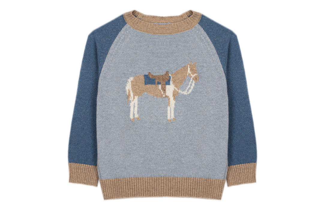 A children's knit sweater with a heather gray body, blue raglan sleeves, and beige ribbed trim at the collar, cuffs, and hem. The center features a knitted horse motif in beige, brown, and white.