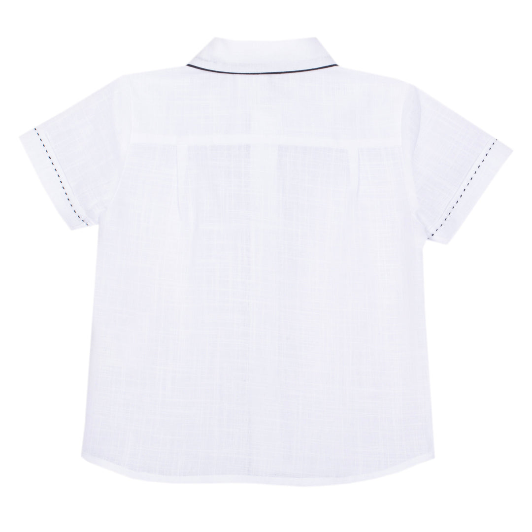 White shirt with black trim on a white background