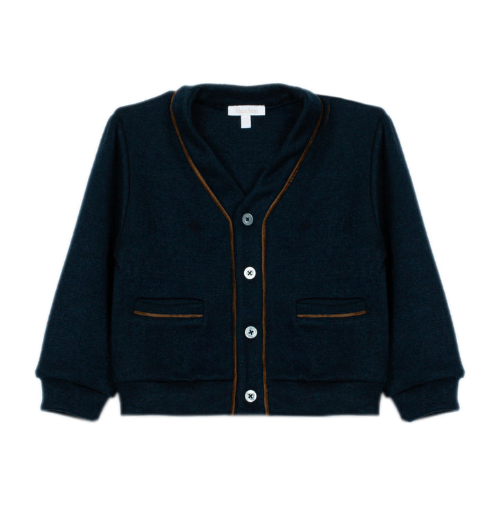 A dark navy blue knit cardigan sweater with thin brown contrast piping along the edges, featuring a button-up front and two front pockets, shown against a plain white background.