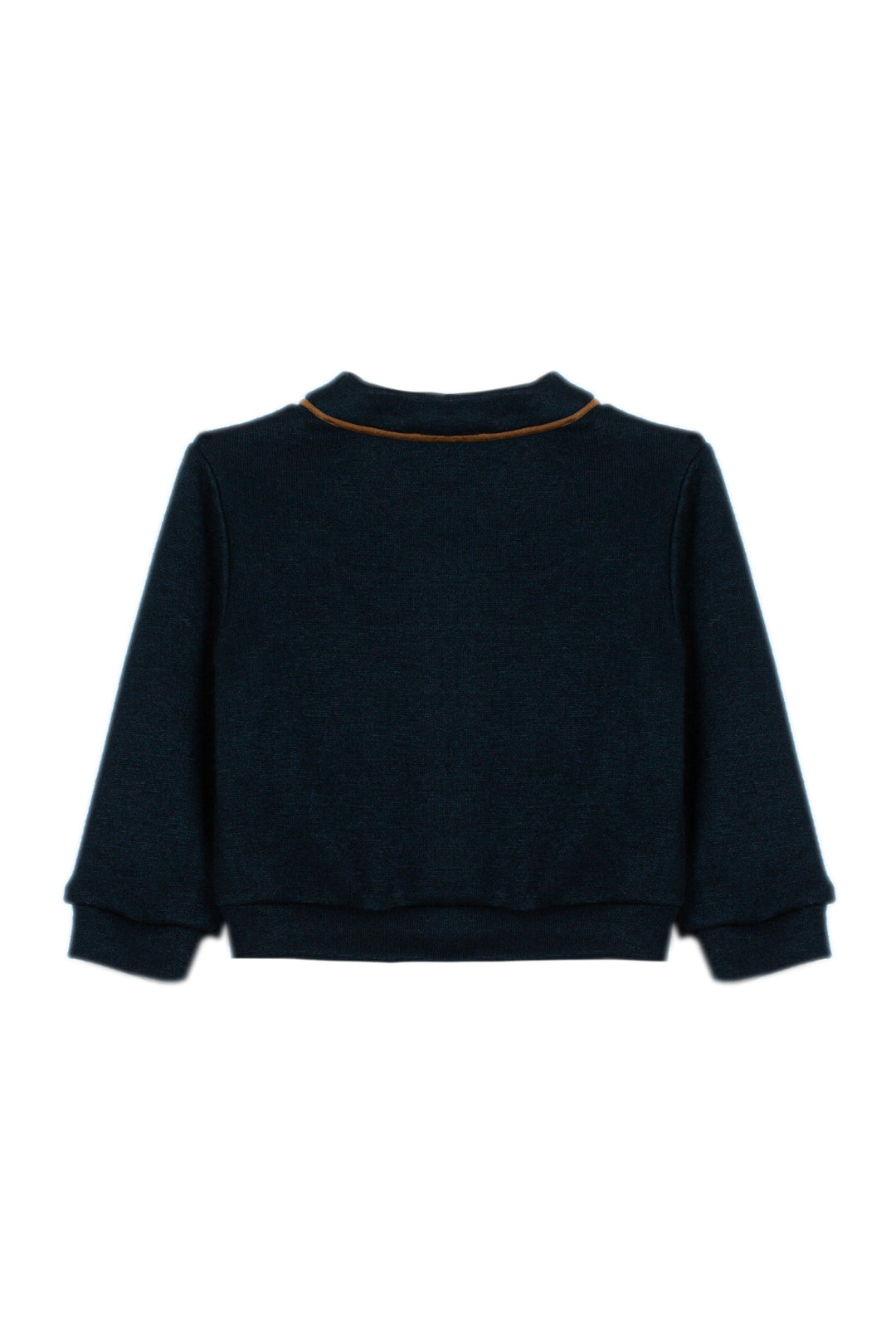 A dark navy blue knit sweater with a thin tan contrast trim along the collar, shown from the back on a plain white background.