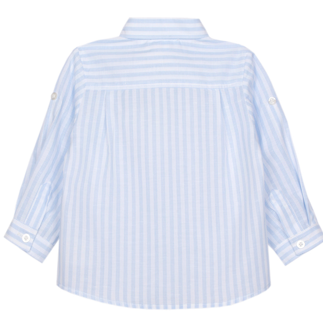 Light blue and white striped shirt on a white background