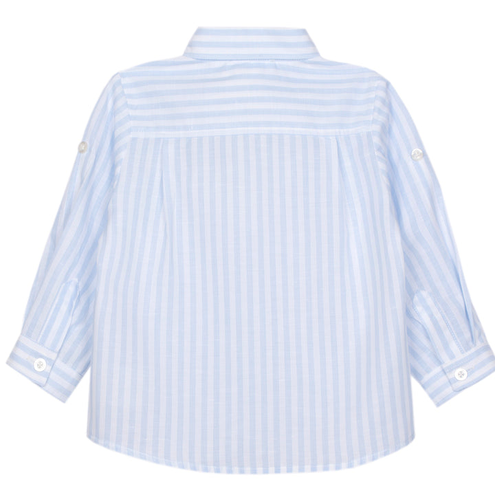 Light blue and white striped shirt on a white background