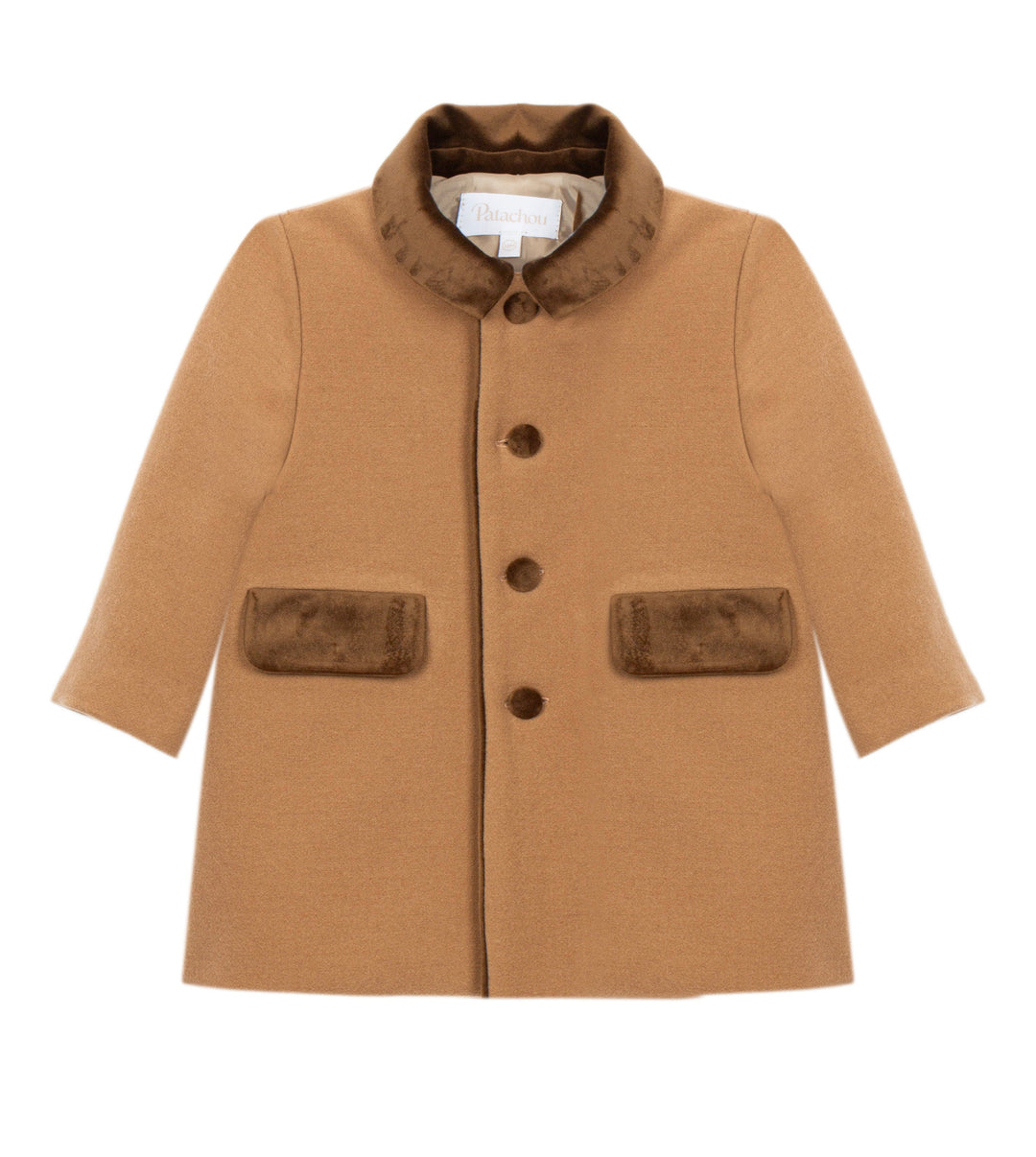 A toddler's camel-colored coat with brown faux-fur trim on the collar and front patch pockets, featuring a three-button front closure.