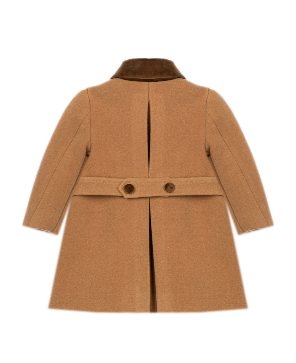 A camel brown wool coat with a dark brown collar and matching belt, shown from the back on a white background.