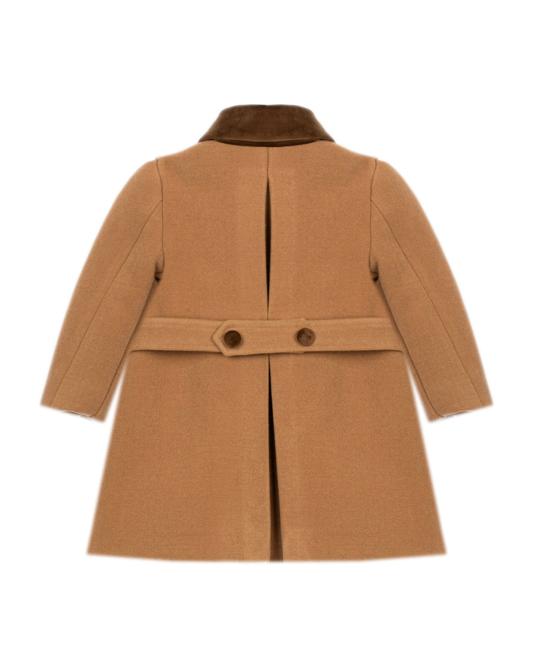 A camel brown wool coat with a dark brown collar and matching belt, shown from the back on a white background.