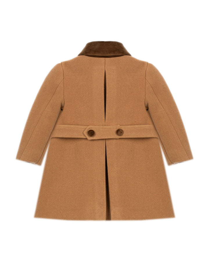 A camel brown wool coat with a dark brown collar and matching belt, shown from the back on a white background.