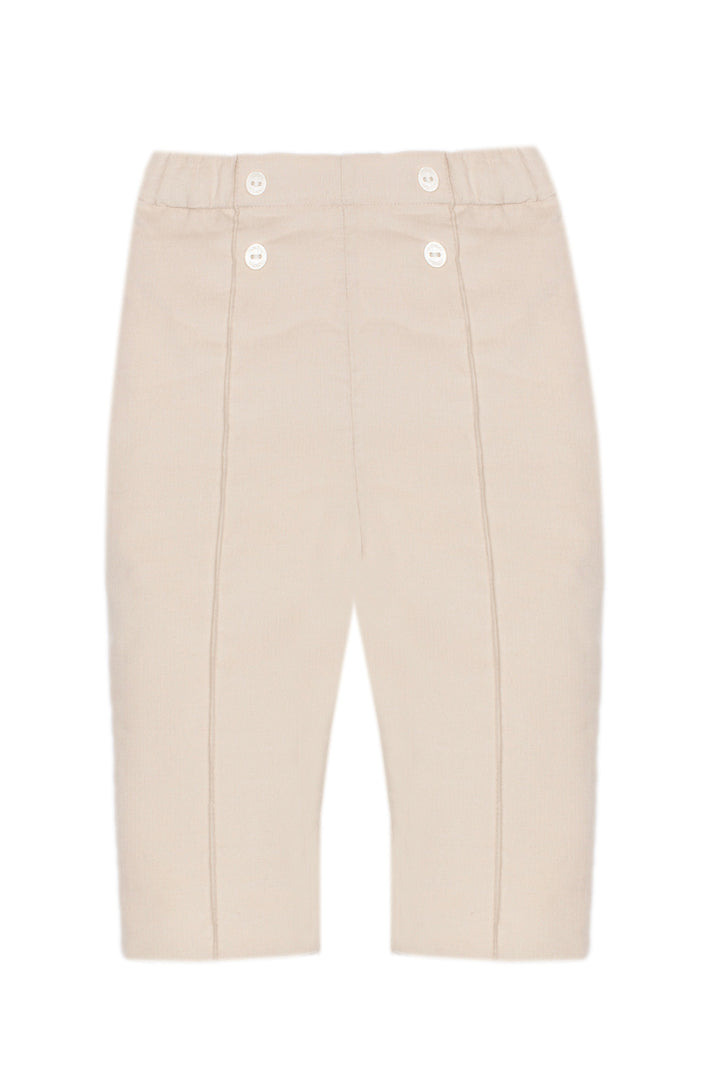 Beige high-waisted cropped trousers with front button details and vertical seam lines, shown flat on a white background.