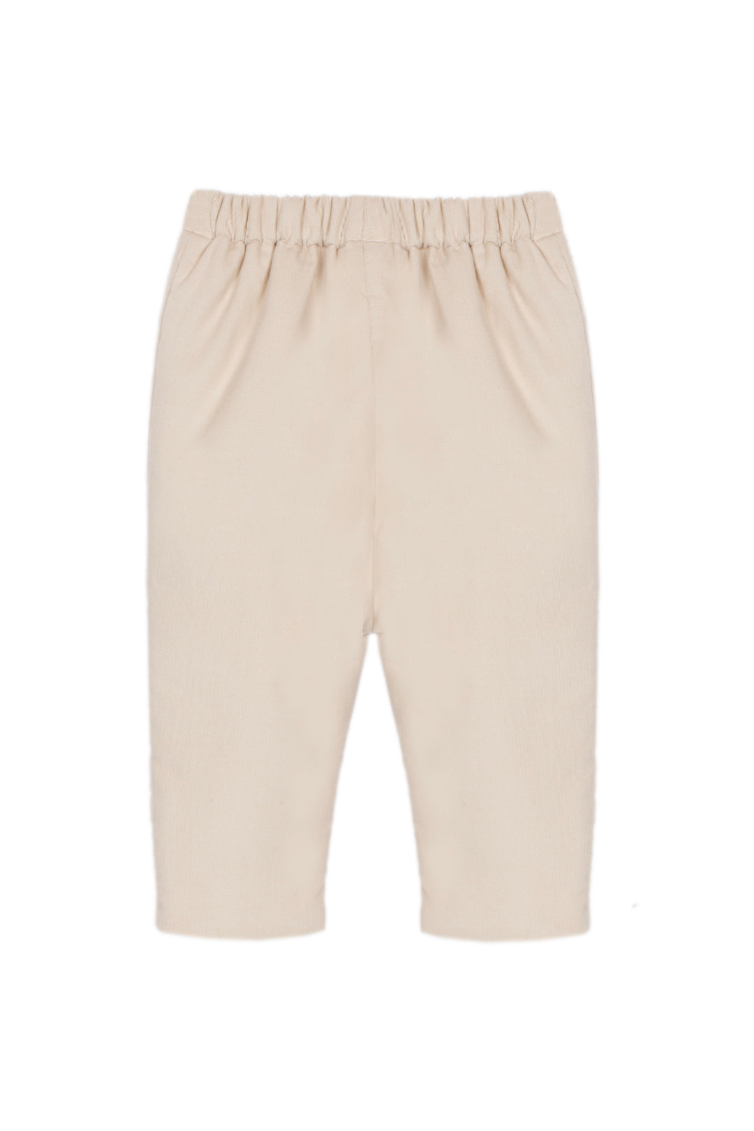 Beige elastic-waist cropped pants shown flat against a white background.