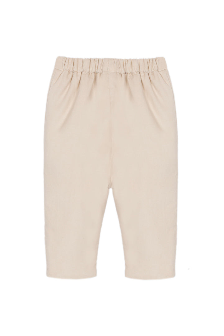 Beige elastic-waist cropped pants shown flat against a white background.