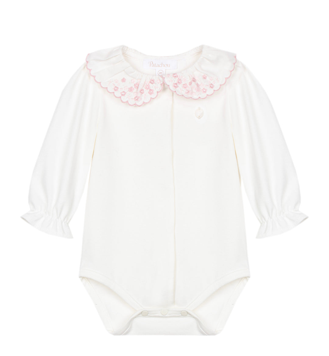 A white long-sleeve baby bodysuit featuring a decorative pink embroidered floral Peter Pan collar, displayed flat against a solid white background.
