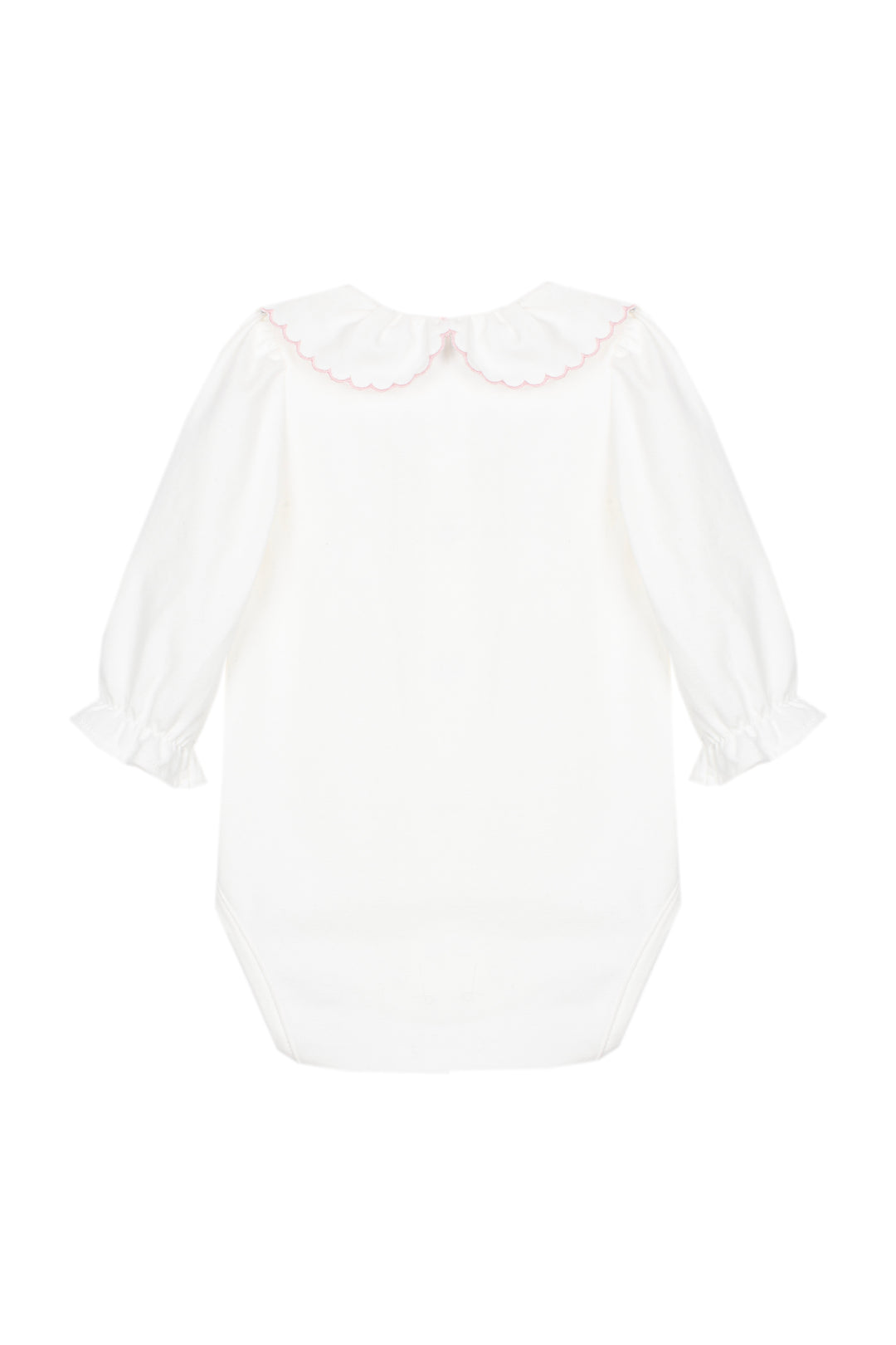 A white long-sleeve baby dress with a ruffled Peter Pan collar and ruffled cuffs, shown flat against a white background.