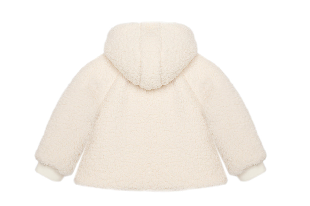 A cream-colored sherpa fleece hooded jacket shown from the back, featuring a plush textured fabric and ribbed cuffs, isolated on a white background.