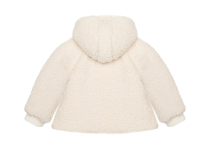 A cream-colored sherpa fleece hooded jacket shown from the back, featuring a plush textured fabric and ribbed cuffs, isolated on a white background.
