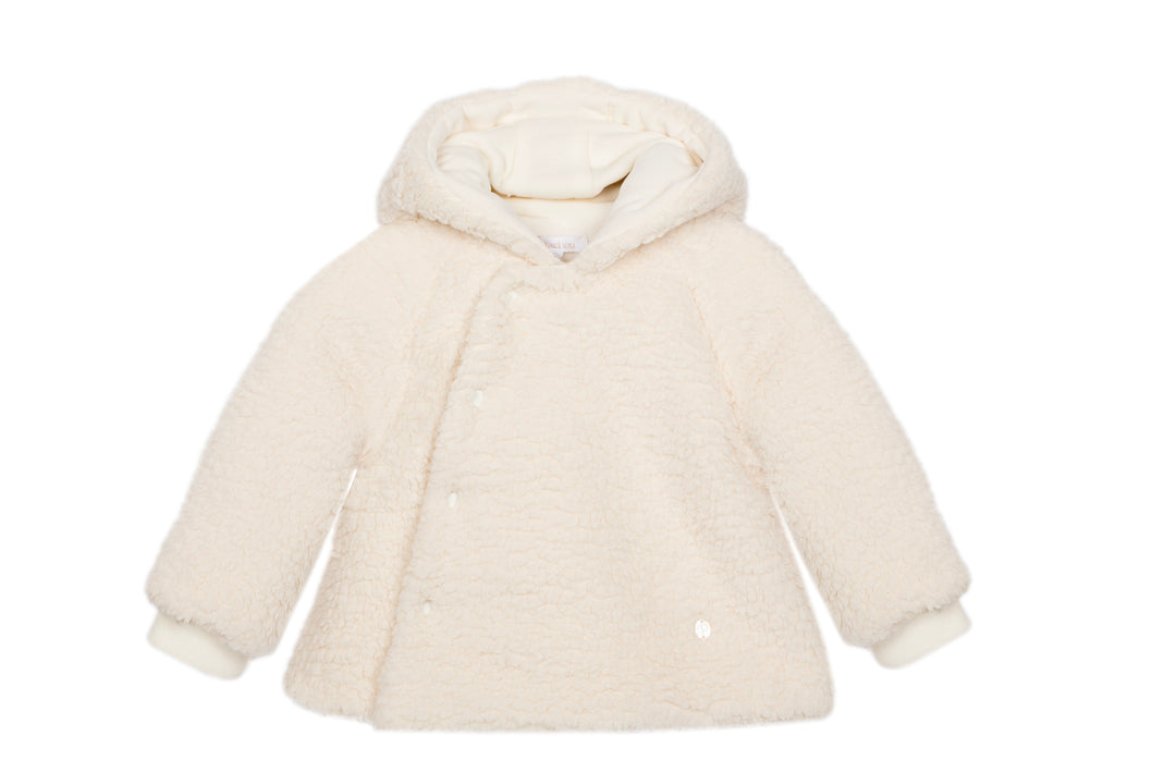 A cream-colored, plush teddy-textured hooded jacket with a buttoned front, photographed on a solid white background.