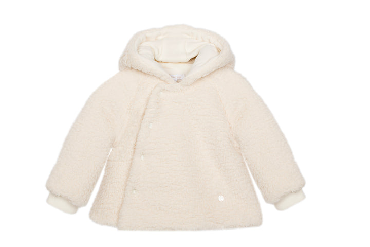 A cream-colored, plush teddy-textured hooded jacket with a buttoned front, photographed on a solid white background.