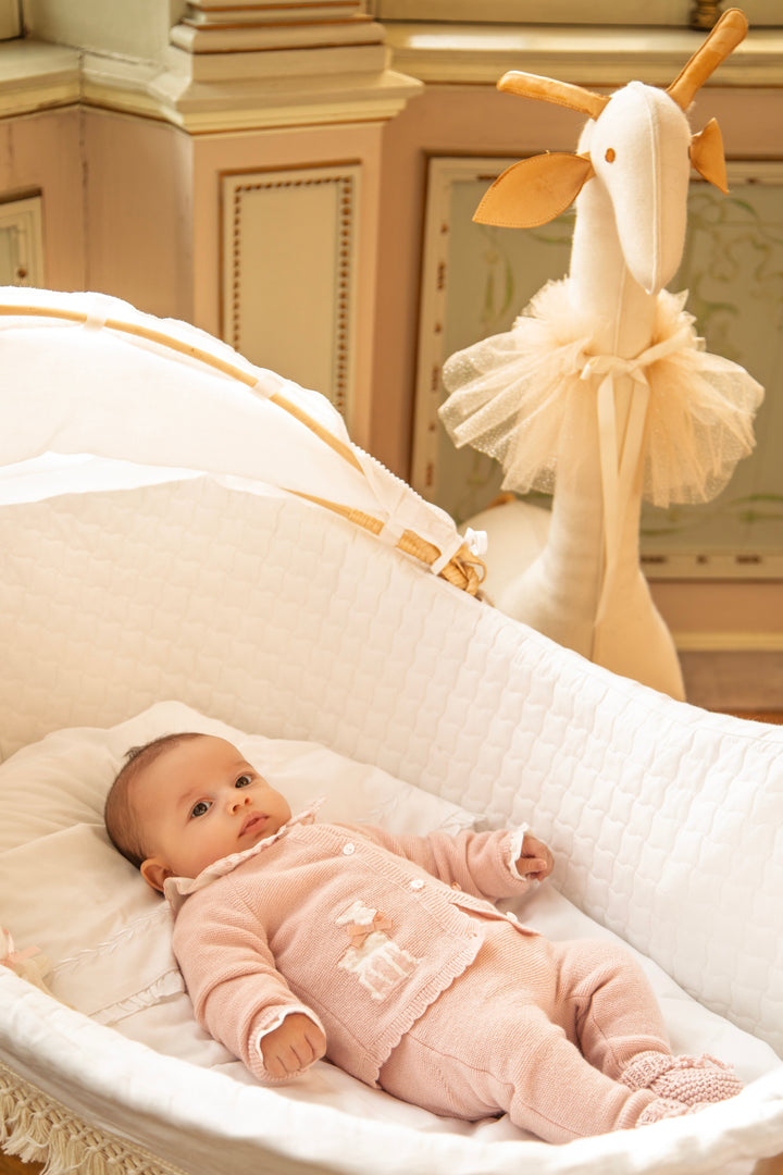 A baby wearing a light pink footed sleeper lies in a white bassinet, with a plush giraffe toy visible in the softly lit nursery background.