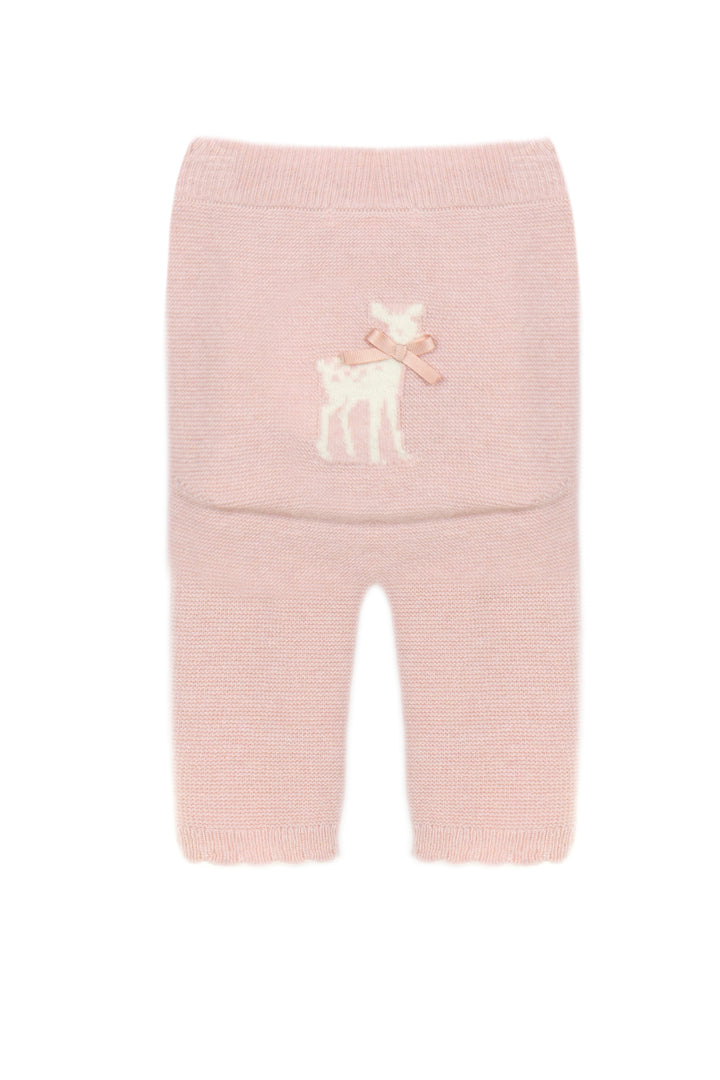 A pair of light pink ribbed knit baby leggings with a white embroidered deer wearing a pink bow on the front, set against a plain white background.