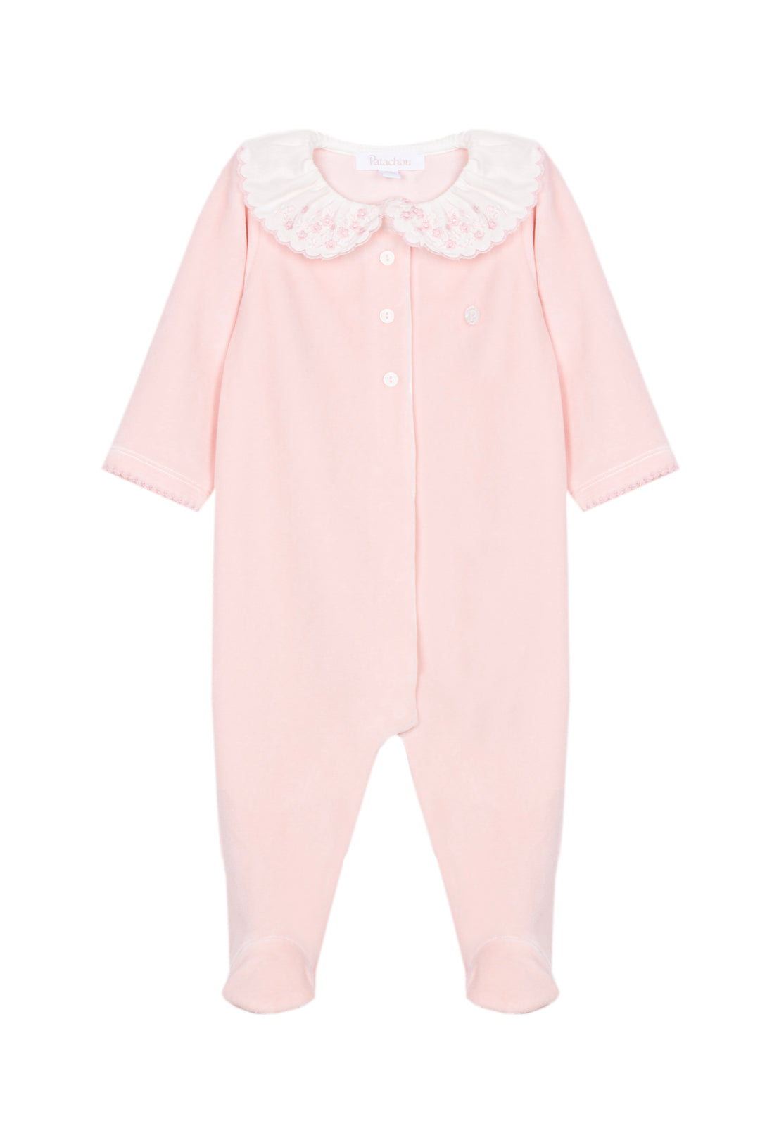 A light pink baby footed one-piece jumpsuit with a white lace Peter Pan collar and white snap buttons down the front, shown on a plain white background.